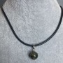 Labradorite bead pendant, 12 mm diameter ±, on a rubber cord, length 52 cm with a 5 cm chain
