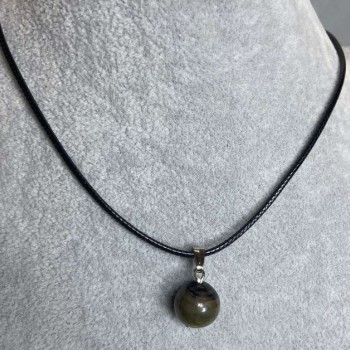 Labradorite Pendant Ball, 12mm Diameter, on Cord, 60 cm Length + 5 cm Extender Chain