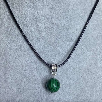 Malachite ball pendant, 12 mm diameter, on a cord, 60 cm length with an additional 5 cm chain