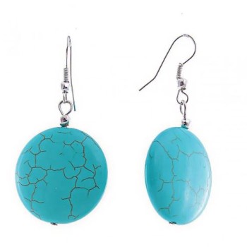 Drop earrings with round turquoise cabochons with veining, 44×22 mm