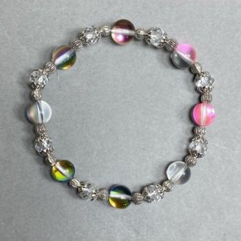 Bracelet with Opal Glass and Czech Crystal - Smooth 8mm Beads, Czech Crystal 6x4.5mm, with Metal Inserts, Length 18 cm, Elastic