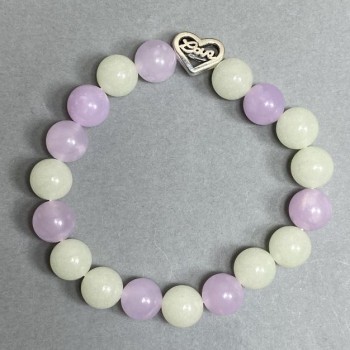 Kunzite and Onyx Bracelet with Smooth 10mm Beads, Metal Inlays, 18 cm Length, Stretch