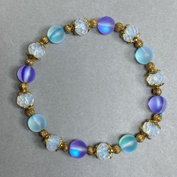 Opal Glass Bracelet with Smooth 8mm Beads and Metal Inserts, 18 cm Elastic