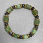 Bracelet with Chrysolite cube beads 8 mm + Larvikite ball beads 6 mm + metal inserts, 18 cm stretch
