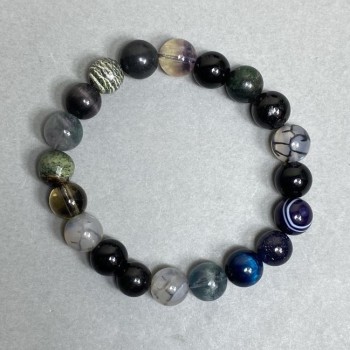Beaded Bracelet with Agate, Smoky Topaz, and Cat's Eye, 10 mm Smooth Beads, 18 cm Stretch