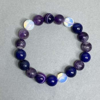 Bracelet made of amethyst, opalite and lazurite, smooth 10mm beads, 18 cm length, stretch
