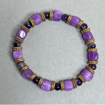 Bracelet with Amethyst Beads 6mm and Lavender Amethyst Cubes 7mm, with Metal Inserts, 18 cm Stretch
