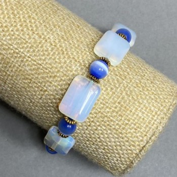 Moonstone (Opalite) Link Bracelet 18x12mm +/- Cat's Eye Beads 8mm +/-, 18 cm Stretch