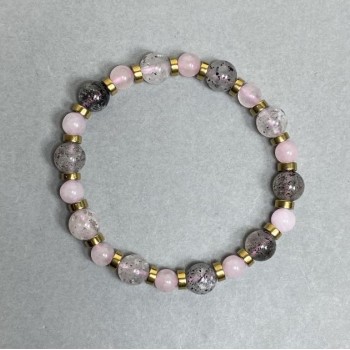 Bracelet with Pink Quartz Beads 6mm, Herkimer Quartz Beads 8mm, Hematite Rondels 5x2mm, 18cm Stretch