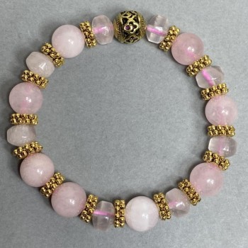Rose Quartz Bracelet with 10mm Round Beads and 9×6.5mm Rondelles, with Metal Accents, 18 cm Elastic
