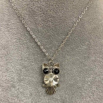 Owl on a Branch Chain Pendant with White Crystal, 52 cm long, 3.5 cm diameter