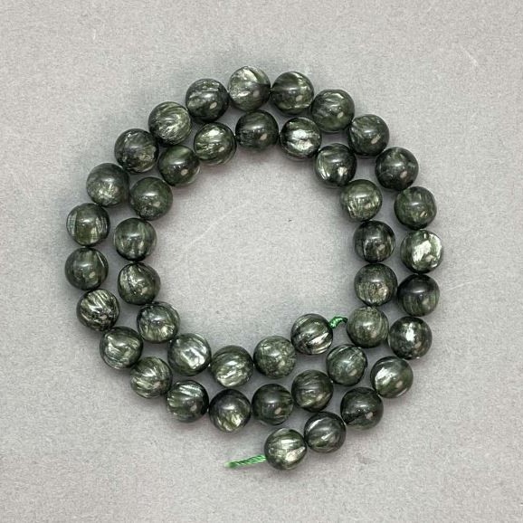 Seraphinite Beads, Natural Stone, Smooth Round Beads, 9 mm Diameter, approx. 40 cm Length on Thread