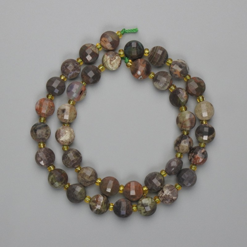 Landscape Jasper Beads - Faceted Coin Beads, 9mm diameter ±, 3mm seed beads ±, 38cm length ±, on thread