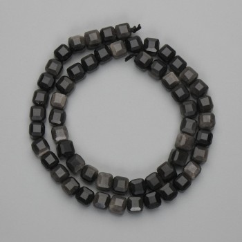 Beads of Silvery Obsidian, Faceted Cube 7x7 mm, approx. 37 cm on thread