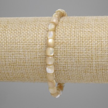 Beige Mother-of-Pearl Barrel Bead Bracelet, 6x6 mm, 18 cm length, stretch