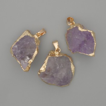 Amethyst pendant with rough-cut gemstone – approx. 33×23 mm +/- assorted sizes, gold-tone metal