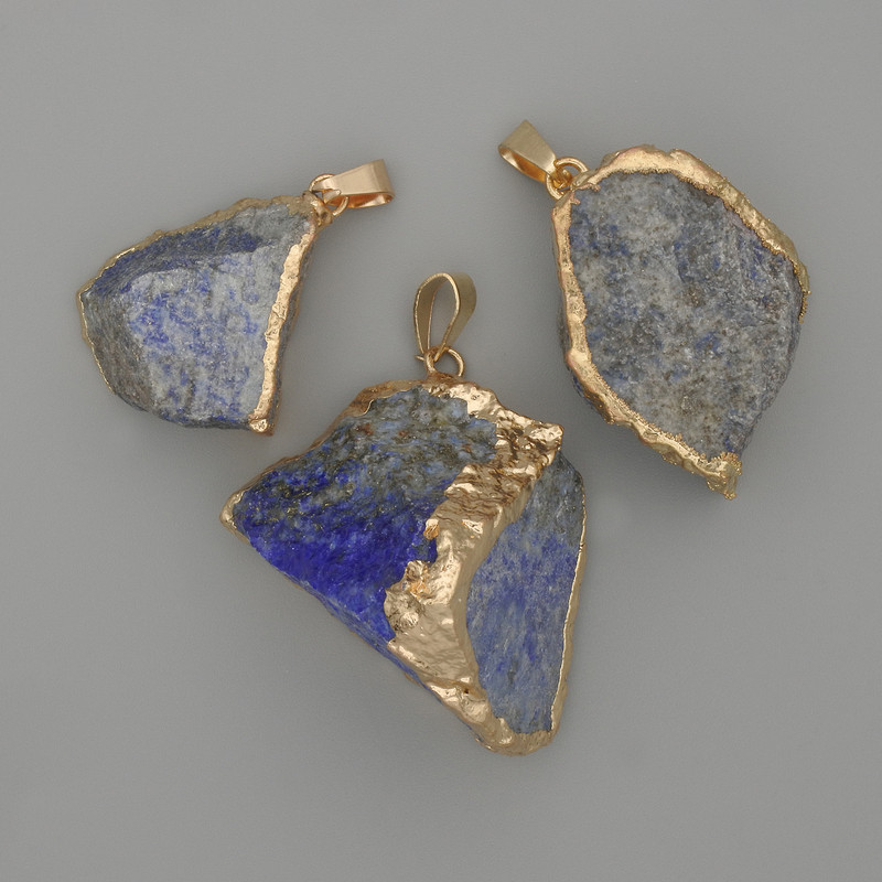 Lapis Lazuli Pendant, Raw Stone ~40x18 mm, Gold-Tone Metal