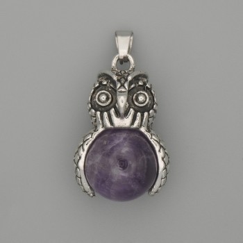 Owl Pendant with Amethyst in Silvery Metal, diameter 30x20 mm, length approx. 37 mm
