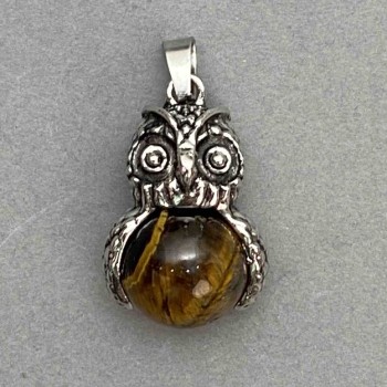 Owl Pendant with Tiger's Eye, Silver-Tone Metal, 30x20 mm Oval, 37 mm Long