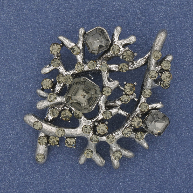 Brooch-pendant Accent with Gray Crystals, Silver-Colored Metal, 52x38 mm+