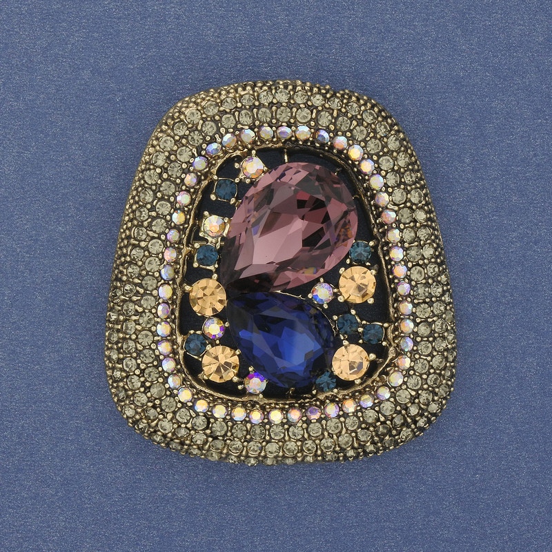 Accent Brooch Pendant with Crystals and Rhinestones, Gold-Tone Metal, 45×30-40 mm