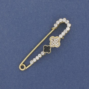 Shamrock Brooch Pin with White Crystals, 58×15 mm, Gold-Tone Metal