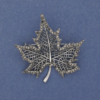 Brooch 'Wedge Leaf' with Gray Crystals, Dark Silver Color, Silvery Metal 45x44mm+