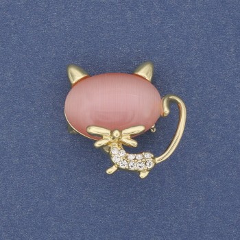 Brooch Pendant 'Cat' with Pink Cat's Eye Stone, Gold-Tone Metal, 26×27 mm+