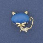 Cat-Shaped Brooch Pendant, Blue Cat's Eye, Gold-Tone Metal, 26×27 mm+