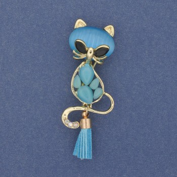 Brooch pendant 'Cat with a Bone' Cat's Eye, Golden metal 43×17 mm+