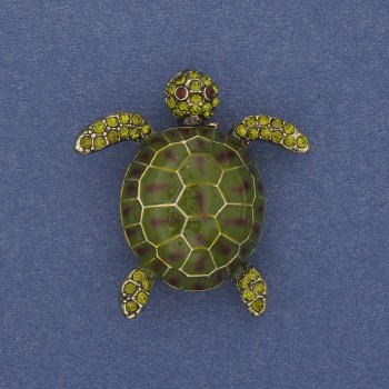Turtle Brooch - Green Enamel with Crystals, Gold-Tone Metal 35x32mm+
