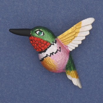 Brooch 'Bird' with colorful enamel and red crystals, gold-tone metal, 50×35 mm+