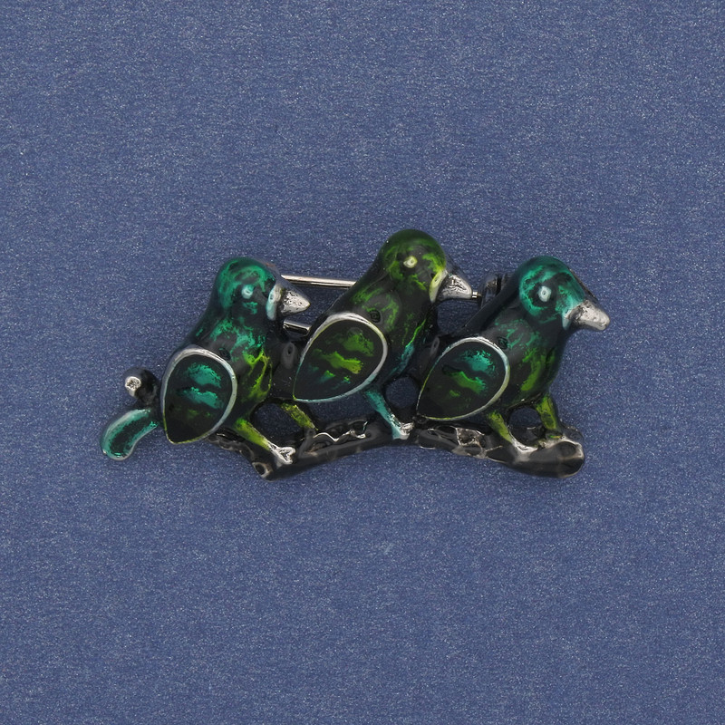 Brooch Birds on a Branch with Green Enamel, Silver-Toned Metal 35×19 mm+