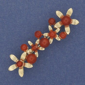 Brooch 'Flowers' with Carnelian on Gold-Toned Metal 55×17 mm+
