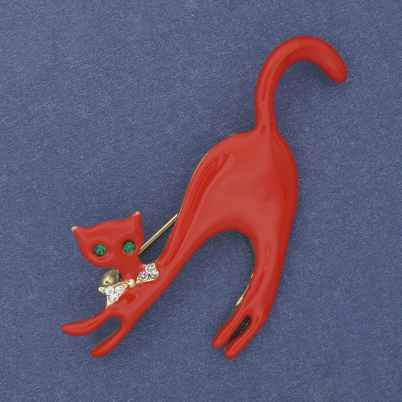 Cat Brooch with Red Enamel, Crystals, Gold-Tone Metal, 60×37 mm+