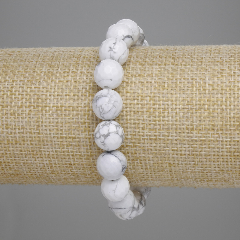 Cacholong Bracelet with Faceted Beads, 10 mm Diameter, 18 cm Length, Stretch