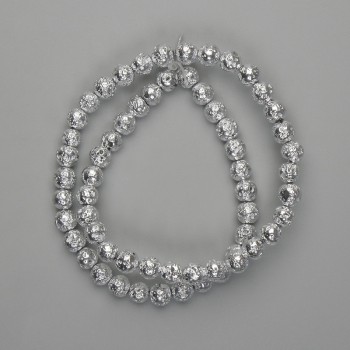 Lava beads with a silver metallic coating, porous bead 6.5 mm +-, length 37 cm+