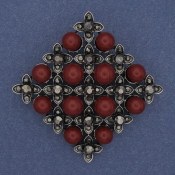 Brooch Pendant Tourmaline Rhombus, Gray Rhinestones, Silver-Tone Metal, 56 mm+