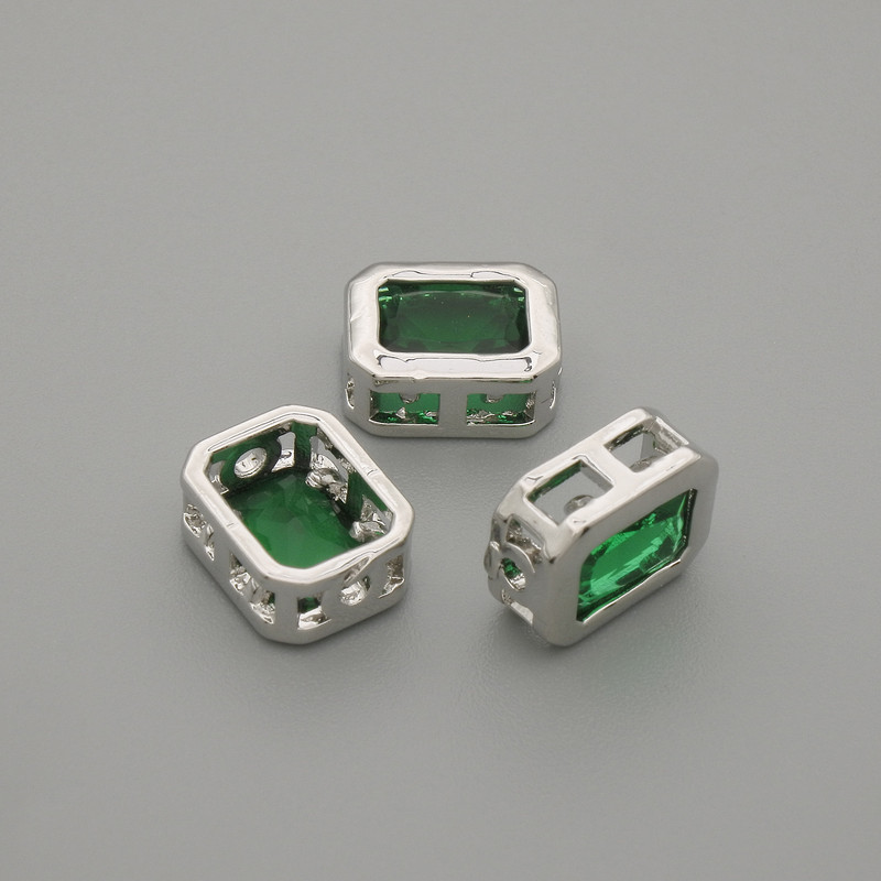 Bead insert with green crystal, silver-colored metal, 9×7 mm diameter, hole diameter 1.3 mm ±, per piece
