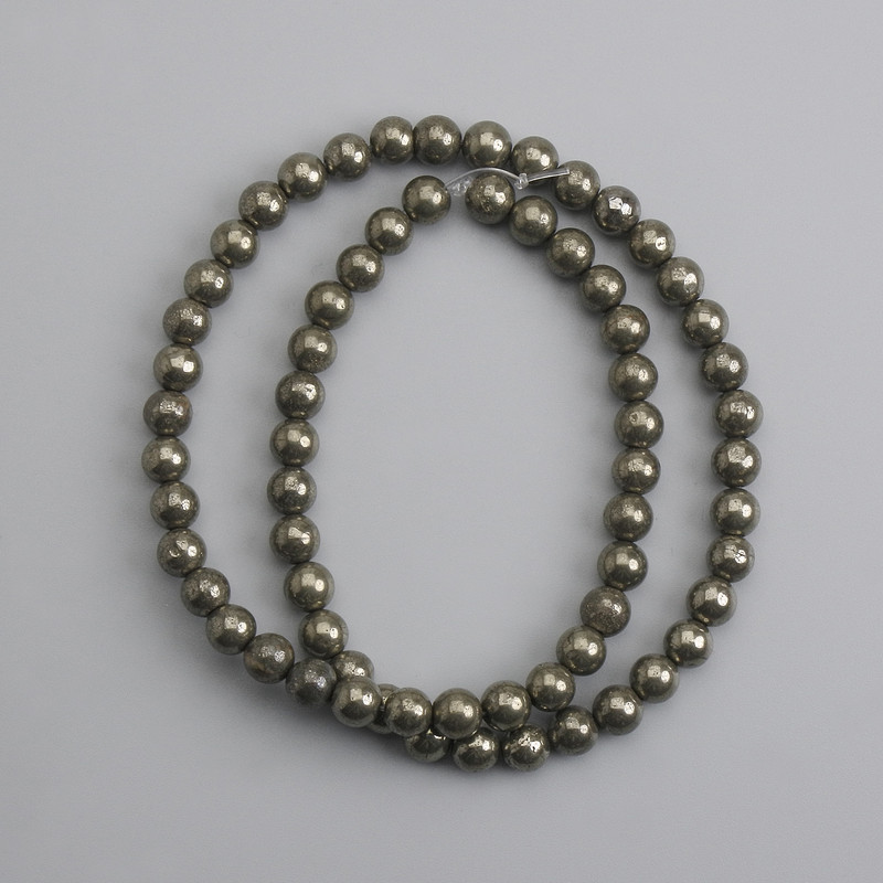 Pyrite beads, smooth spheres, 6 mm diameter, 38 cm length ±