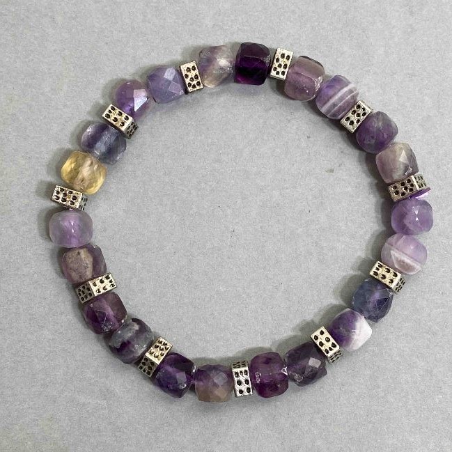 Amethyst and Fluorite Faceted Cube Bracelet, 7.5×7.5 mm, with metal inserts, 18 cm stretch