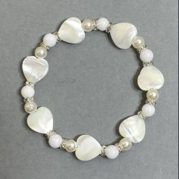 Bracelet with Mother-of-Pearl Hearts 12x12 mm ±, Miyorka Beads 6 mm ±, Length 18 cm ±, Stretch