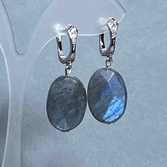 Labradorite Faceted Oval Earrings 25x15 mm, length approx. 32 mm