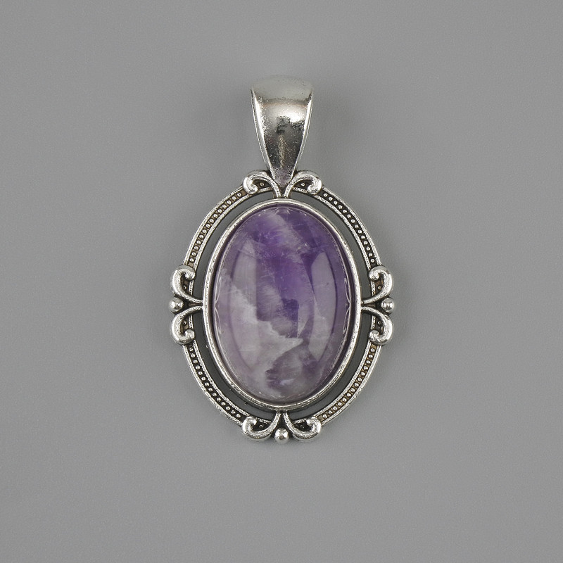 Amethyst pendant 34×21 mm ± silver-tone metal