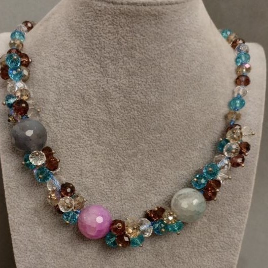 Necklace with Agate and Czech Crystal, length 55 cm+