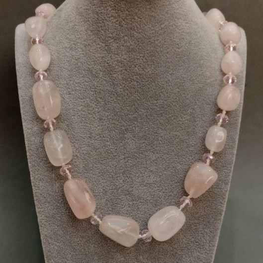 Necklace with Rose Quartz and Czech Crystal, length 53 cm+