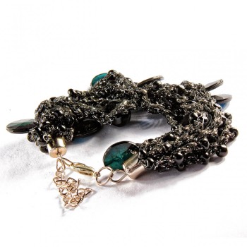 Браслет метал замок карабін на ланцюжку нитку макраме чорна блискуча гранування камені чорні круглі