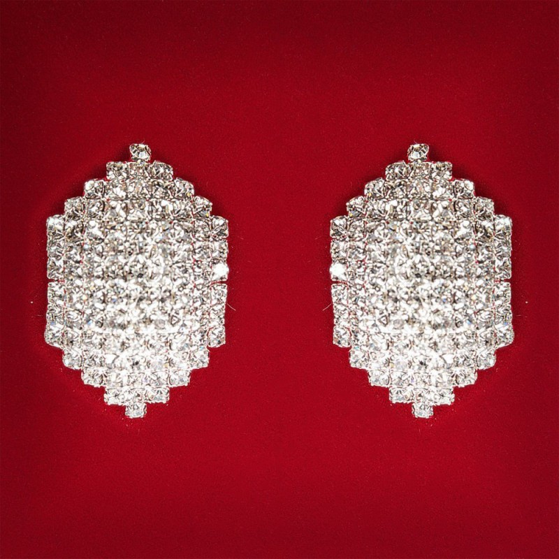 (22x22 mm) Women's earrings with white rhinestones, light metal, wedding and evening studs (studs) classic medium
