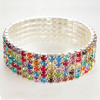 Five-Row Stretch Bracelet with Multicolored Rhinestones, 17–18 cm Circumference