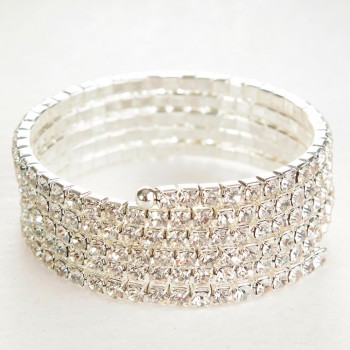 Spiral bracelet with five turns, white crystals, circumference 18–22 cm